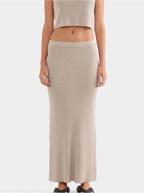 Venroy Rib Knitted Linen Maxi Skirt Taupe Oatmeal Size M Minimalist Resort